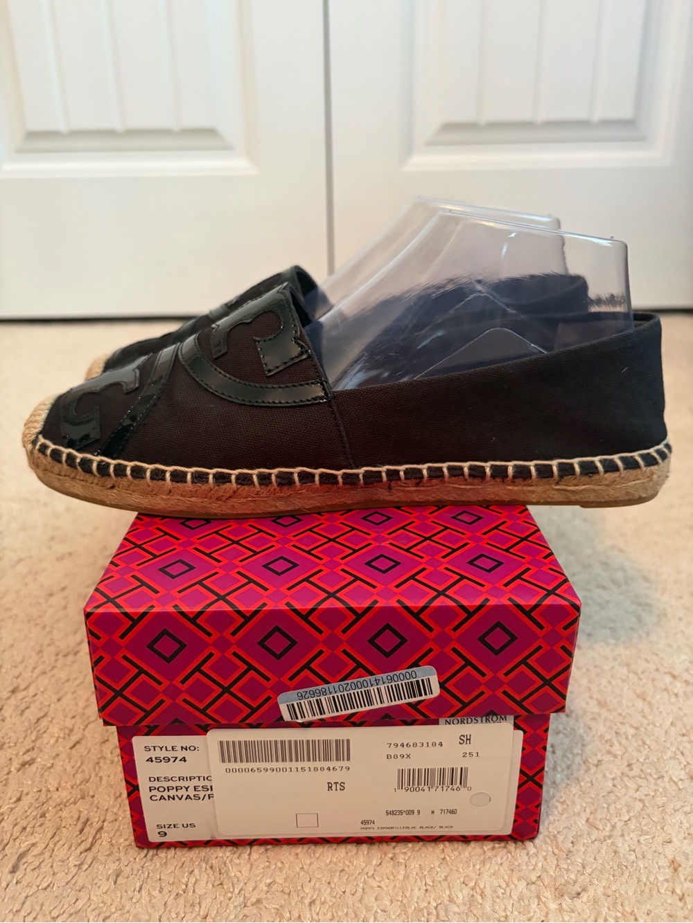 Tory Burch NIB Poppy Espadrille Flats Women's Size 9 Black Canvas Patent Logo